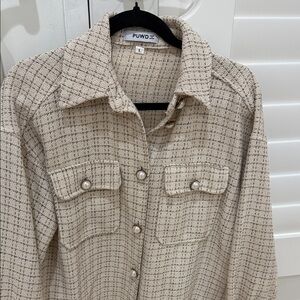 Cream Tweed Button-Front Blazer Jacket